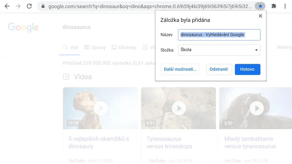 Okno prohlížeče Chrome s dialogovým oknem záložky.