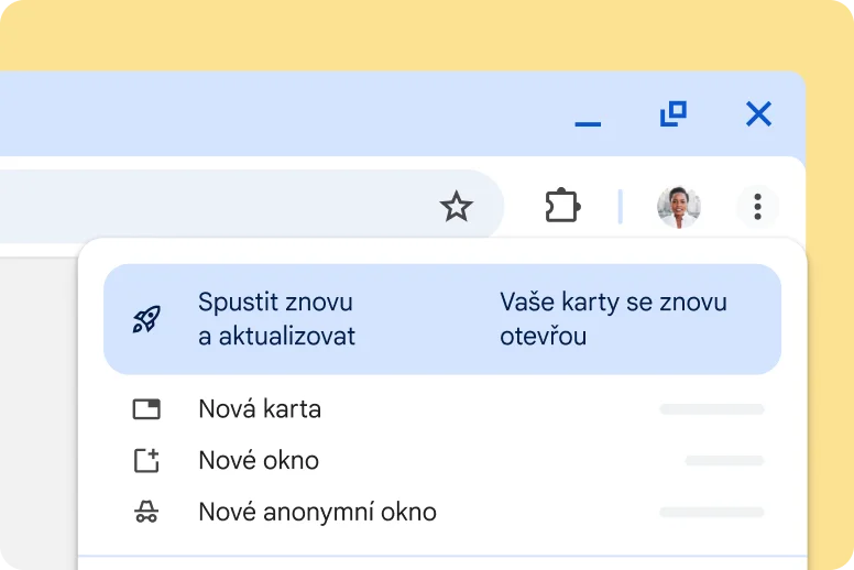 Uživatelské rozhraní Chrome s upozorněním na nenainstalovanou aktualizaci