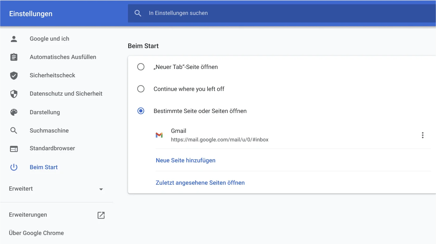 Das Chrome-Einstellungsfenster zeigt das Optionsmenü „Beim Start“.