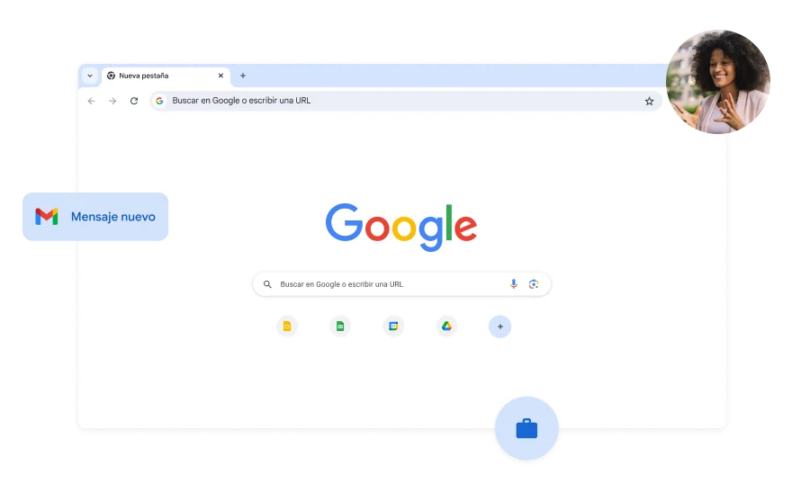 El fondo de la página de búsqueda de Google es blanco. Una foto de una mujer se muestra en una esquina.