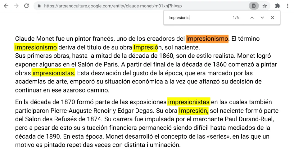 Ventana del navegador Chrome abierta en una página web con la función Buscar activa.