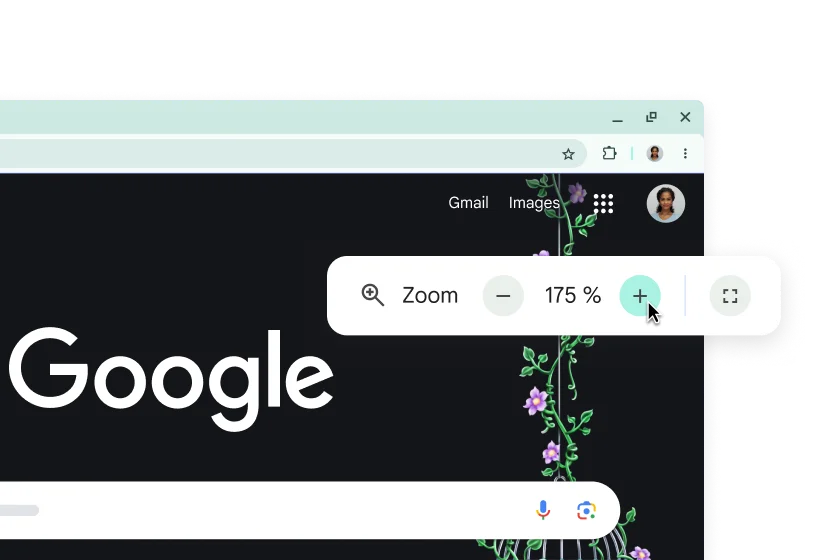 La page d'accueil Google avec des éléments agrandis et un pop-up avec le zoom défini sur 175 %.