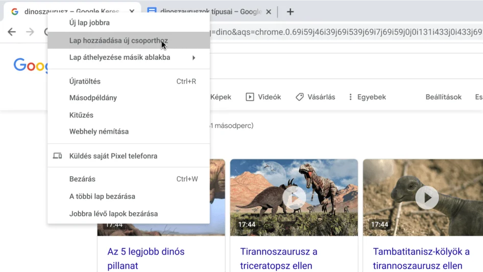 A Chrome-ablakban az új lapcsoport létrehozására vonatkozó párbeszédpanel látható.