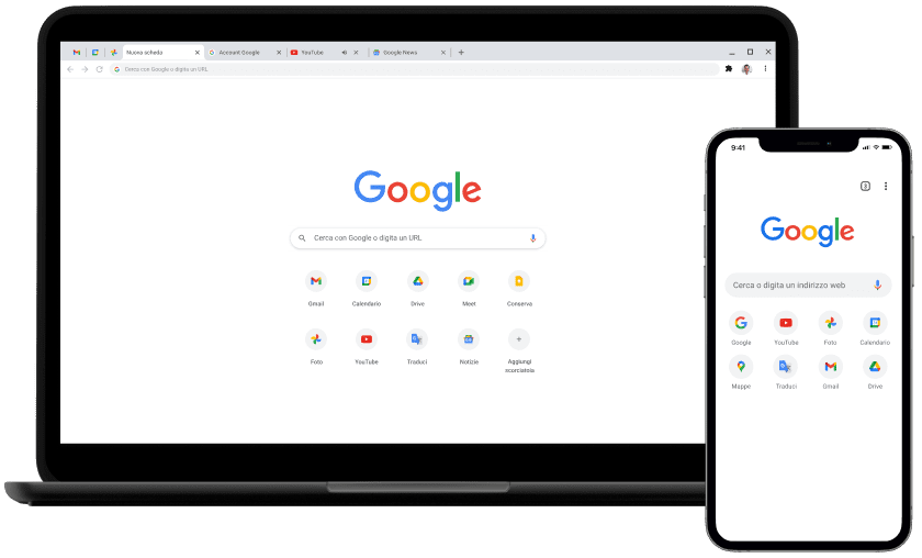 Laptop e dispositivo mobile che mostrano la Home page di google.com.
