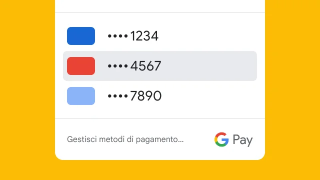 Google Pay mostra solo le ultime quattro cifre di tre carte di credito per motivi di sicurezza.