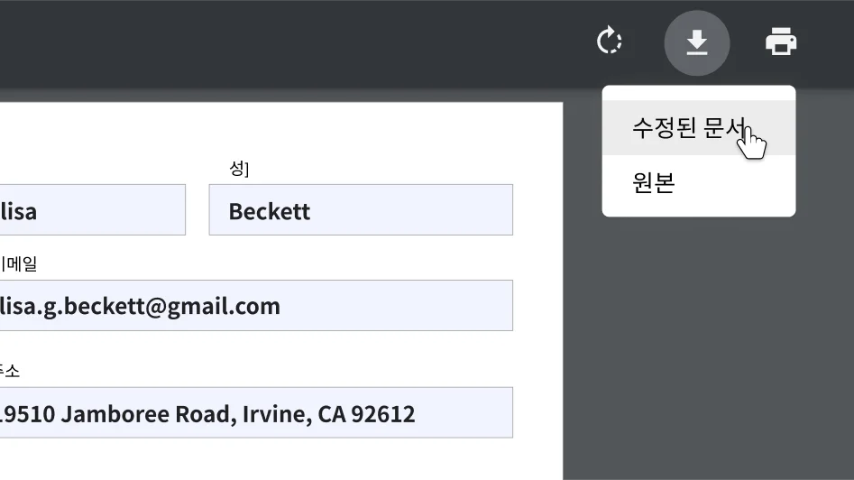 Chrome 브라우저 창에 PDF 문서가 열려 있으며, 다운로드 및 인쇄 옵션 메뉴가 확대되어 있습니다.