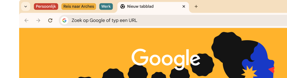 Een browser-UI heeft 3 groepen tabbladen: Persoonlijk, Reis naar Arches en Werk.