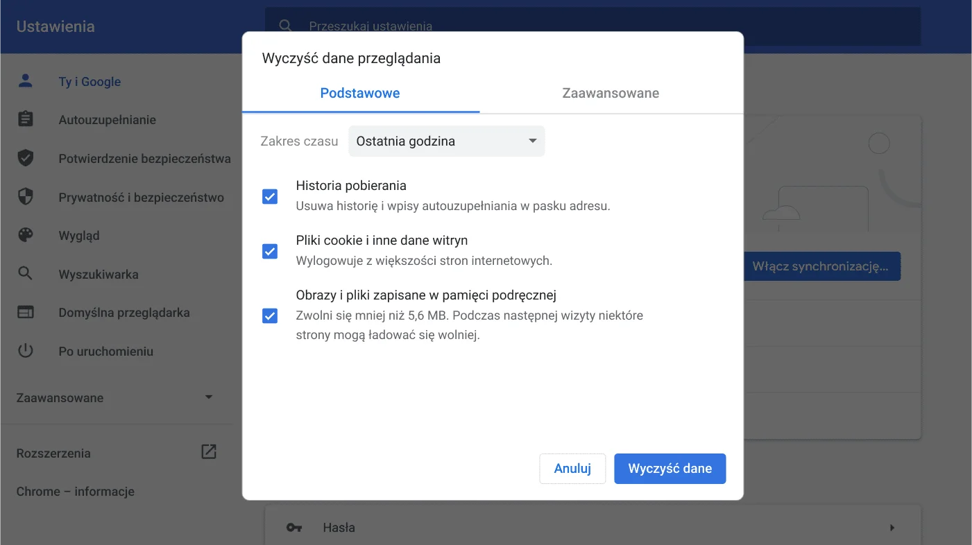 Okno ustawień przeglądarki Chrome pokazujące menu opcji Czyszczenie danych przeglądania.