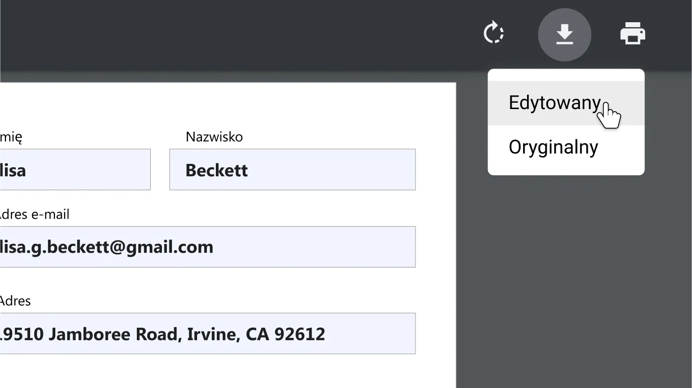 Okno przeglądarki Chrome z otwartym dokumentem PDF i powiększonym menu opcji pobierania i drukowania.
