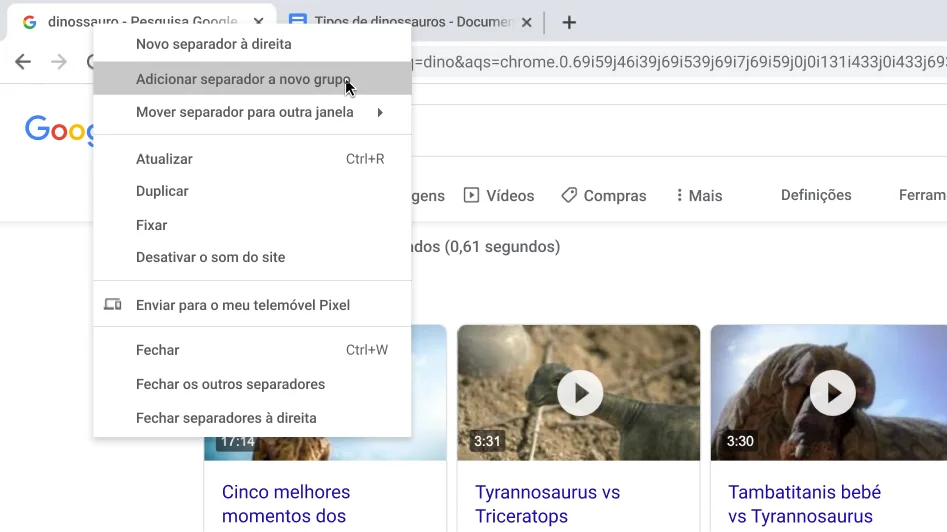 Janela do navegador Chrome com caixa de diálogo a mostrar a criação de um novo grupo de separadores.