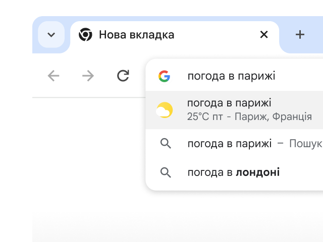 Користувач вводить в адресний рядок Chrome запит 'погода в Парижі', і бачить миттєво згенеровані результати.