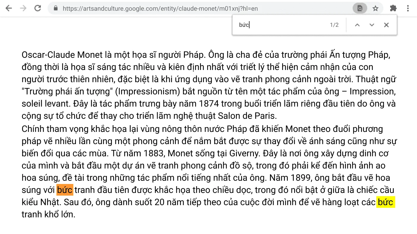 Cửa sổ trình duyệt Chrome mở ra một trang web có chức năng Tìm đang hoạt động.