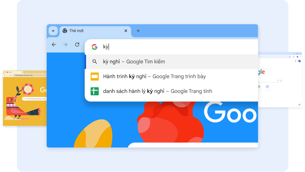 Chrome trả về các tài liệu liên quan đến kỳ nghỉ khi người dùng nhập từ 'va' (kỳ) vào thanh tìm kiếm. Sau đó, khi người dùng nhấn vào một lối tắt đến Google Trang tính, trang tính Vacation Packing List (Danh sách hành lý cần chuẩn bị cho kỳ nghỉ) sẽ mở ra.