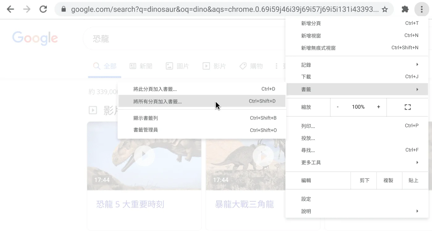 Chrome 瀏覽器視窗上顯示含有將所有分頁加入書籤選項的對話方塊。