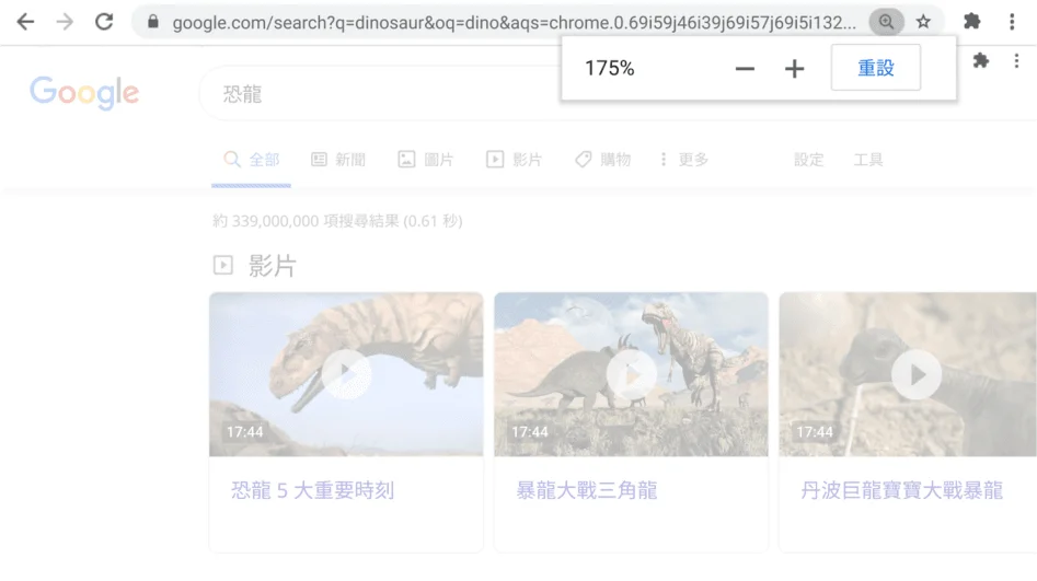 Chrome 瀏覽器視窗上顯示網頁可使用縮放功能。