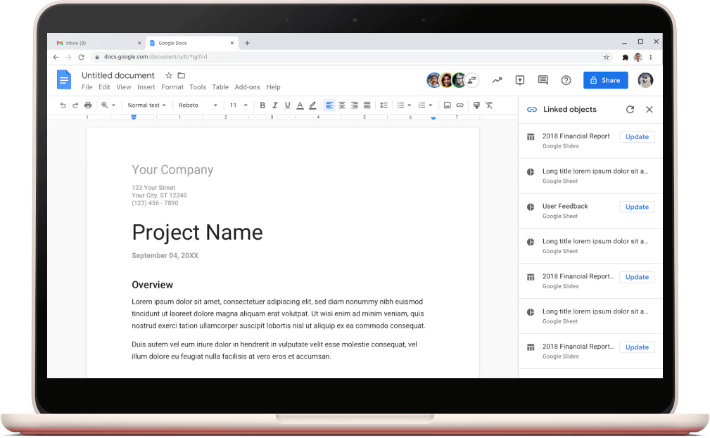 開いているプロジェクト テンプレートが表示された Google ドキュメント画面。
