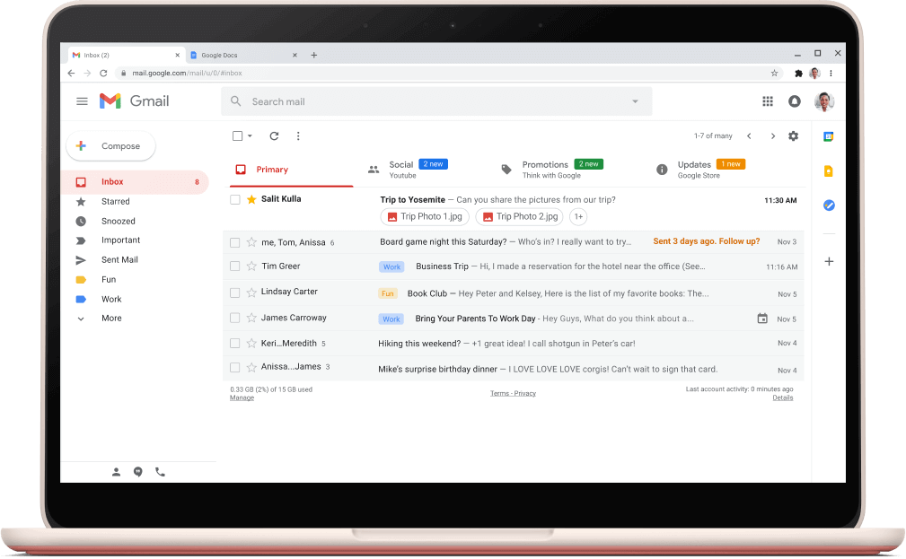 メールのリストが表示された Gmail のインターフェース画面。