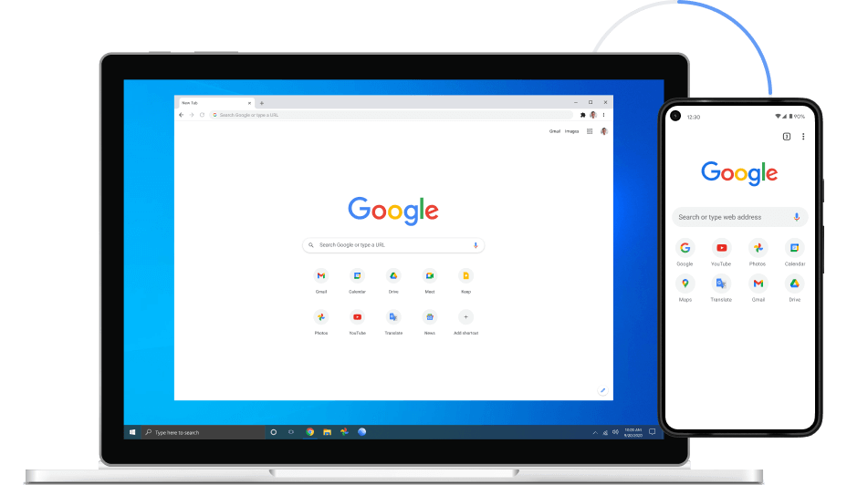ノートパソコンとモバイル デバイスに表示された Google Chrome の画像