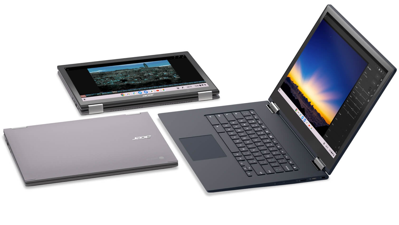 コンバーチブル型 Chromebook の 3 つのモード(閉じた状態、タブレット、ノートパソコン)を示すオーバーヘッド画像。